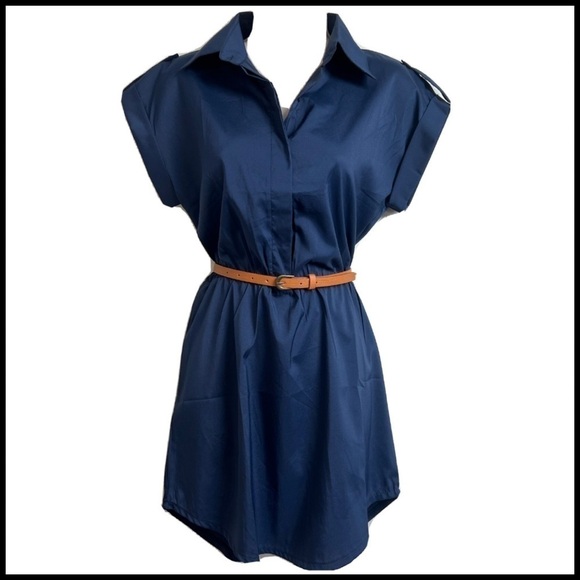 🆕 NWT short sleeve collared belted button pullover mini dress solid blue small - Picture 2 of 9